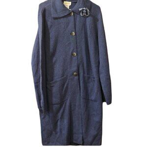 Talbots Blue 100% Alpaca Long Line Sweater Coat XL Floral Pin